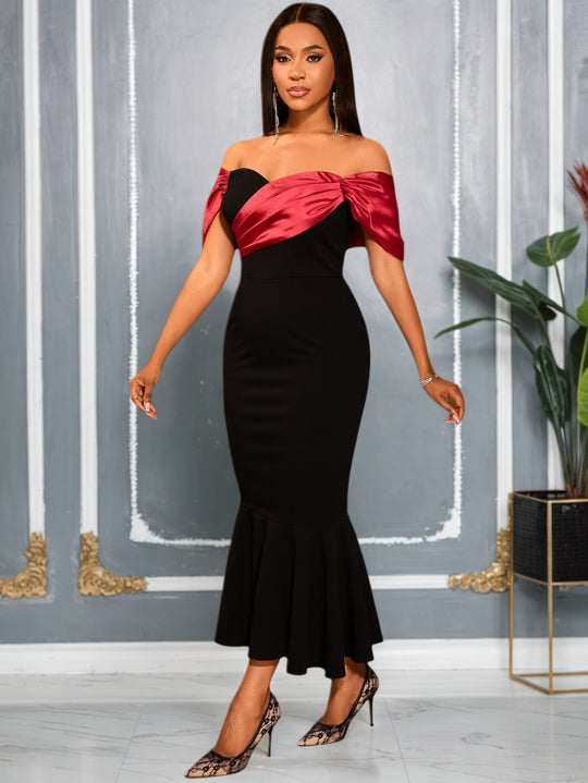 Damen elegantes schulterfreies Maxikleid mit voluminösen Rüschen R&B