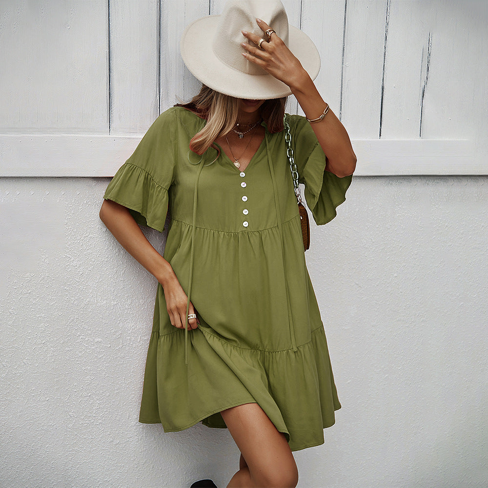 Damen Freizeitliches Kurzarm-Kleid mit femininem Rüschensaum und Knopfleiste R&B