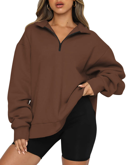 Damen Sportlicher Oversized Pullover mit Reißverschluss und seitlichem Schlitz R&B