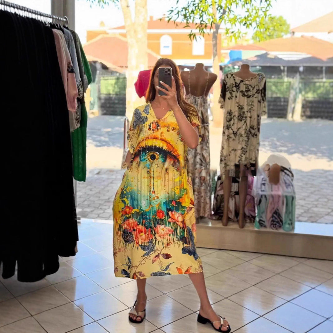 Damen nan fließendes Maxi-Kaftankleid mit V-Ausschnitt und großflächigem Aquarell-Blumenprint R&B