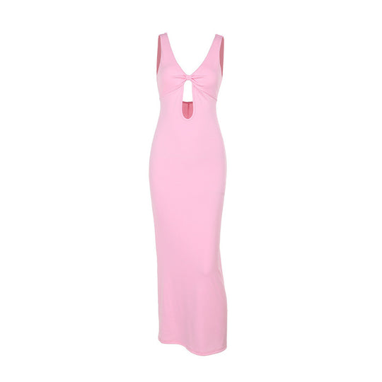 Damen figurbetontes Maxikleid mit tiefem V-Ausschnitt und Cut-Out R&B