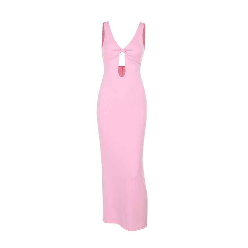 Damen figurbetontes Maxikleid mit tiefem V-Ausschnitt und Cut-Out R&B