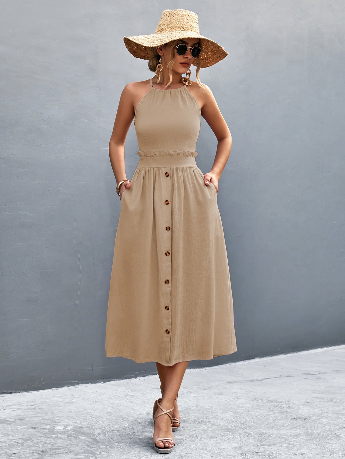Damen Maxikleid mit hohen Trägern, elastischem Bund und dekorativen Knöpfen R&B