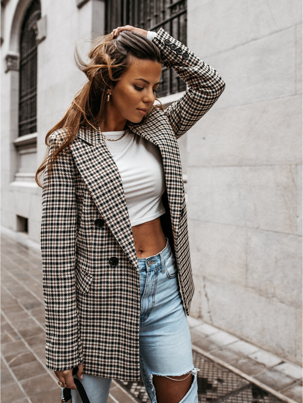 Damen lässiger Oversized-Blazer mit klassischem Hahnentrittmuster R&B