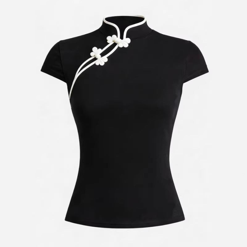 Damen Chinesisch inspirierte Bluse mit modernem Stehkragen und floralen Details R&B