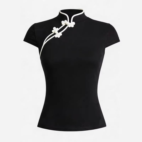 Damen Chinesisch inspirierte Bluse mit modernem Stehkragen und floralen Details R&B