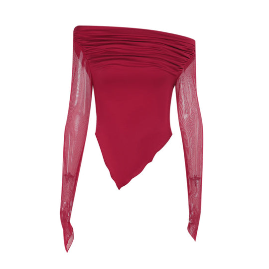 Damen elegantes Wickelshirt mit schulterfreiem Design und transparenten Ärmeln R&B