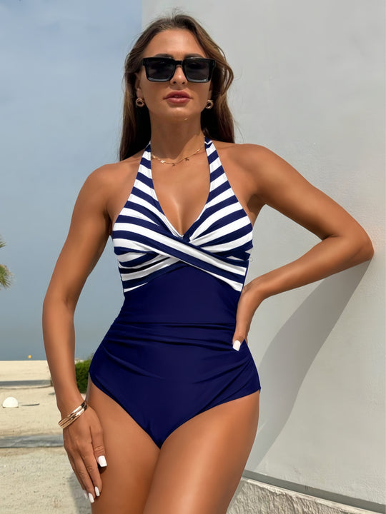 Damen Einteiler-Badeanzug mit elegantem Wickel-Design und vertikalen Streifen R&B