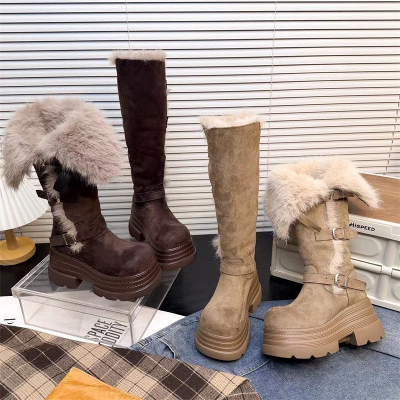 Damen Fleecegefütterte Winterstiefel mit modischen Schnallen und platform Sohle R&B