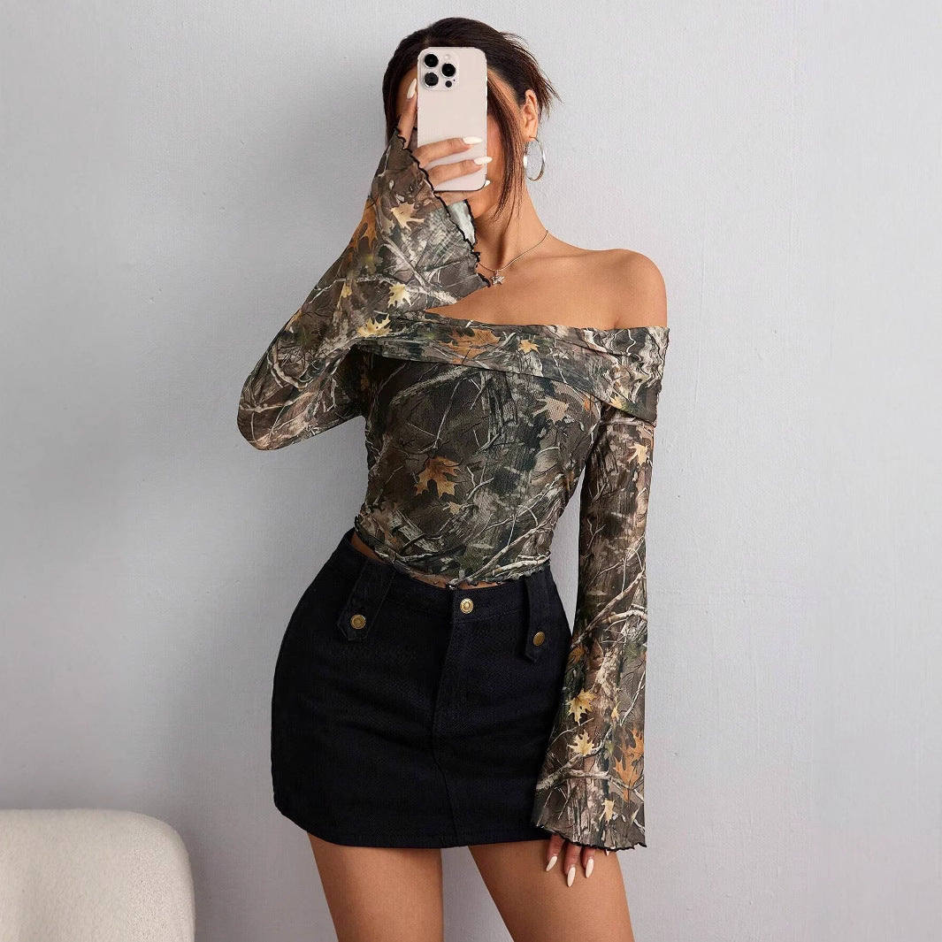 Damen nan schulterfreies Langarm-Top mit Camouflage-Blattmuster und ausgestellten Ärmeln R&B