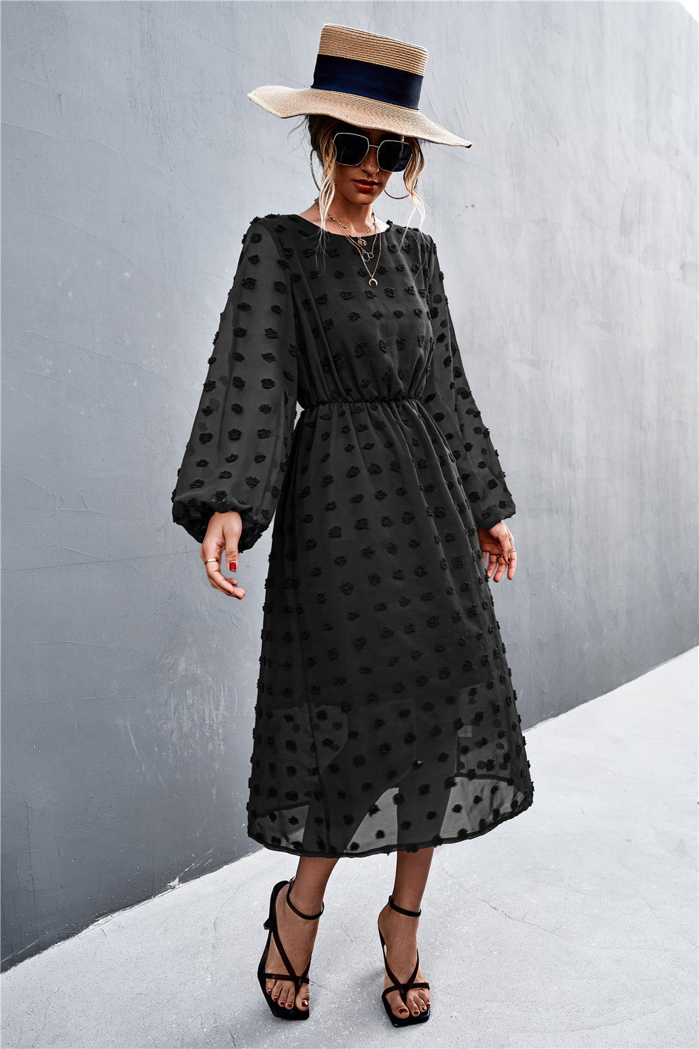 Damen Chiffonkleid mit elegantem Strukturmuster und modischem Gürtel R&B