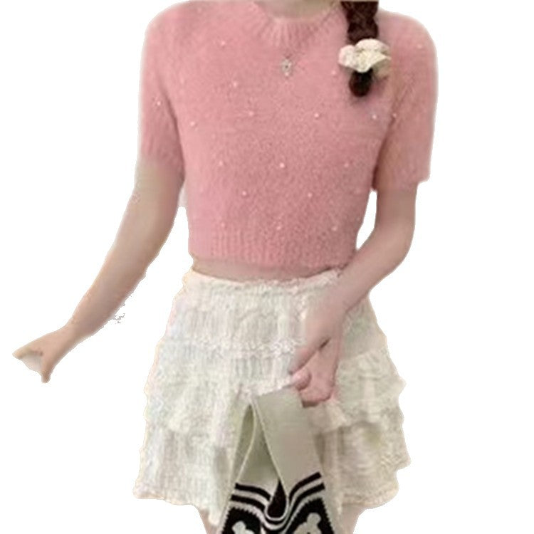 Damen cropped Pullover mit zarten Perlen R&B