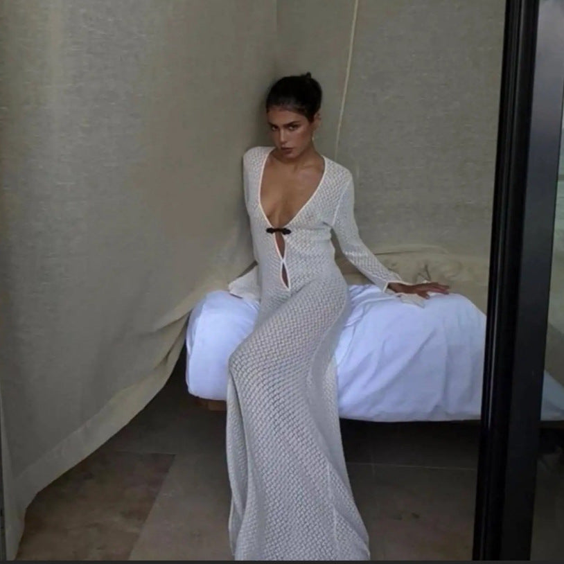 Damen Luxuriöses Netzkleid mit tiefem V-Ausschnitt und langen Ärmeln R&B