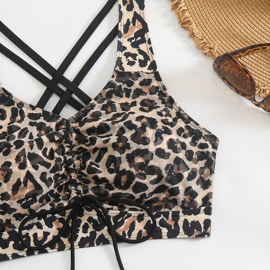 Damen Bikini-Set mit modischem Leopardenmuster und verstellbarem Rock R&B
