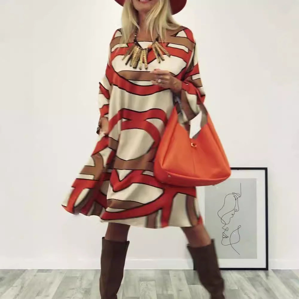 Damen nan großzügiges Swingkleid mit weitem Tulpen-Saum, Fledermausärmeln und grafischem Allovermuster R&B