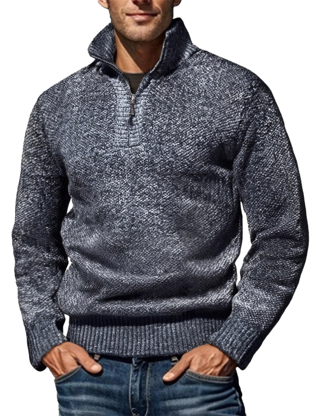 Herren nan grobgestrickter Strickpullover mit halbem Reißverschluss und hohem Stehkragen R&B