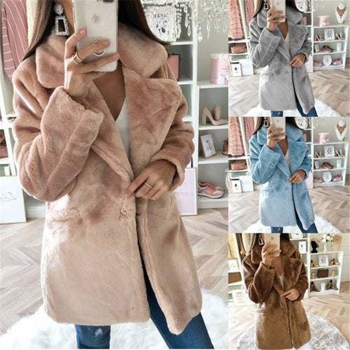 Damen Elegante Kunstfell-Jacke mit aufgesetzten Taschen und großem Revers R&B