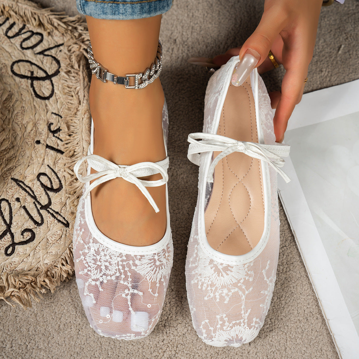 Damen elegante Ballerinas mit zartem Spitzenoberteil R&B