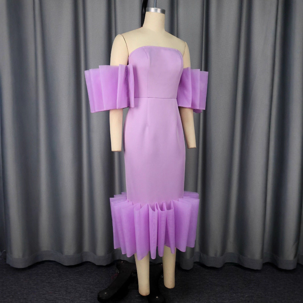 Damen Elegantes Midi-Kleid mit voluminösen Rüschenärmeln und asymmetrischem Saum R&B