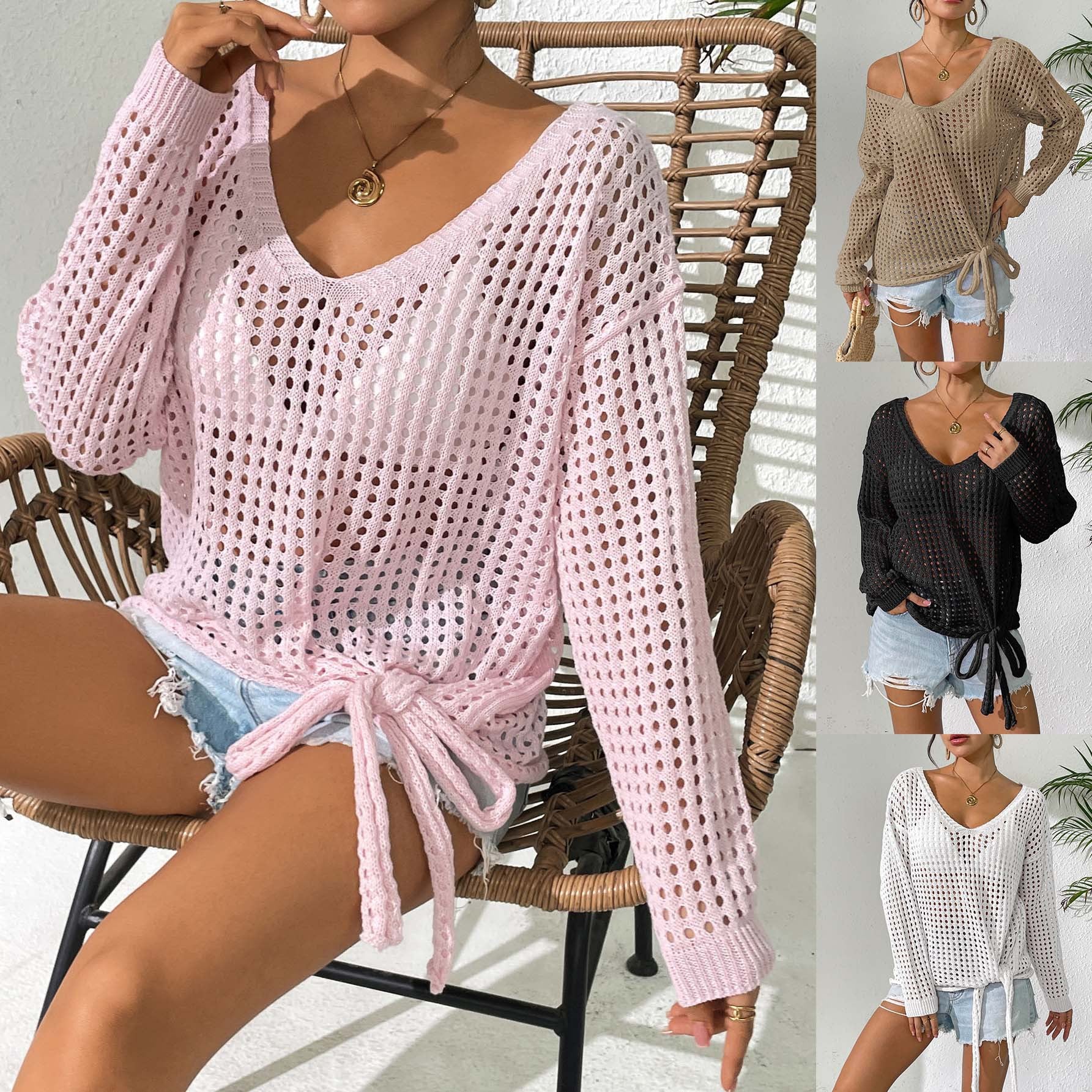 Damen luftiger Strickpullover mit V-Ausschnitt und dekorativem Knoten R&B