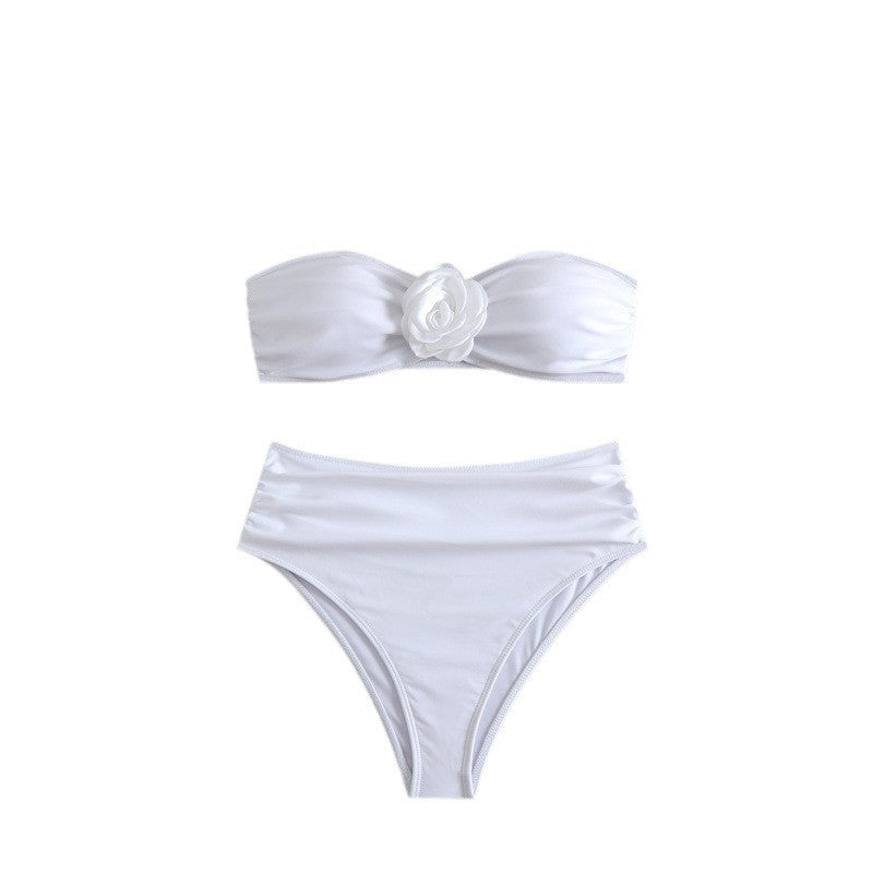 Damen Bandeau-Bikini mit floralem Detail und hochgeschnittenem Höschen R&B