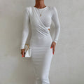 Damen elegantes langärmliges Wickelkleid mit figurformendem Schnitt R&B