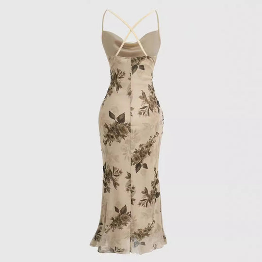 Damen körperbetontes Maxikleid mit floralem Design und Spaghettiträgern R&B