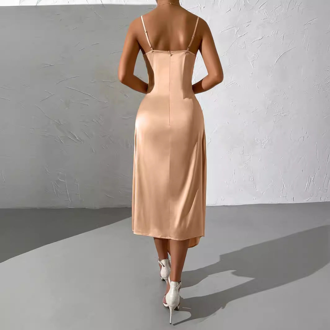 Damen langes Satin-Kleid mit sinnlichem Schlitz R&B
