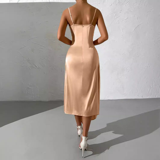 Damen langes Satin-Kleid mit sinnlichem Schlitz R&B