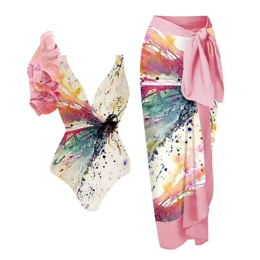 Damen Badeanzug-Set mit floralem Design und elegantem Wickelrock R&B