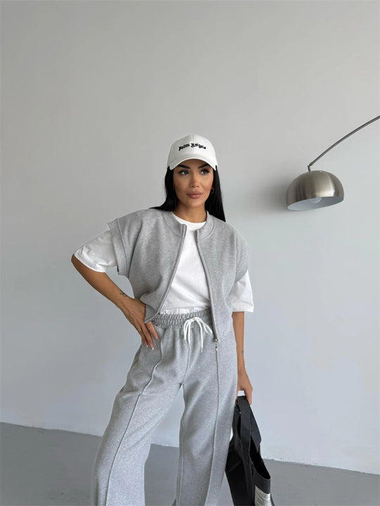 Damen sportliches Twin-Set mit kurzem Reißverschluss und weiten Hosen R&B