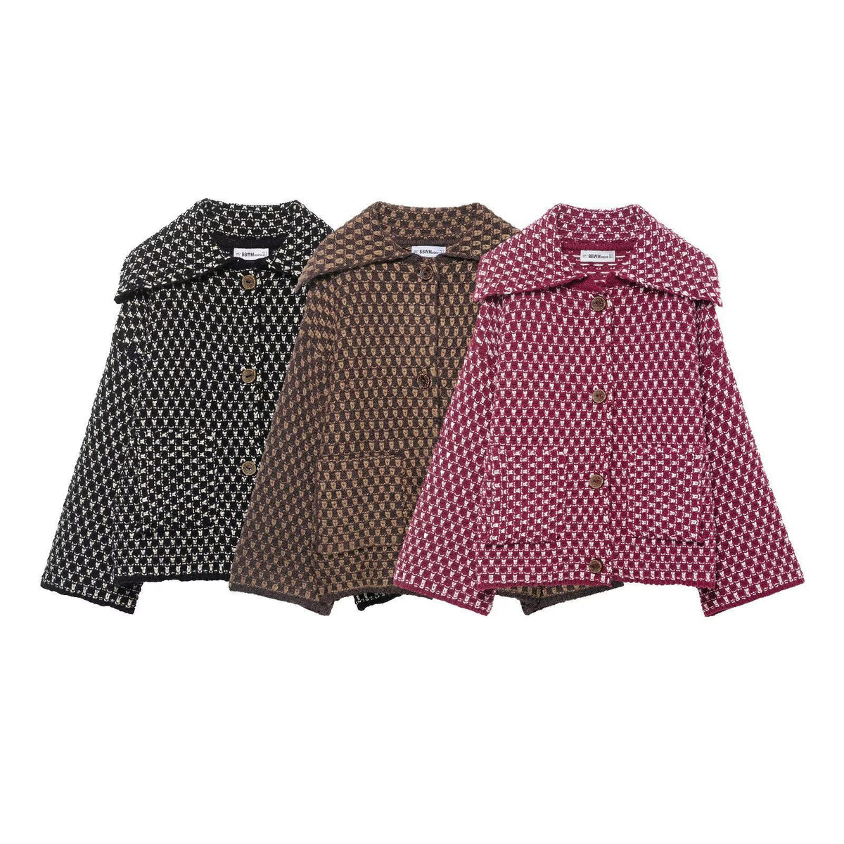 Damen nan kastige Bouclé-Tweedjacke mit großem Umlegekragen, aufgesetzten Taschen und dekorativen Holzknöpfen R&B