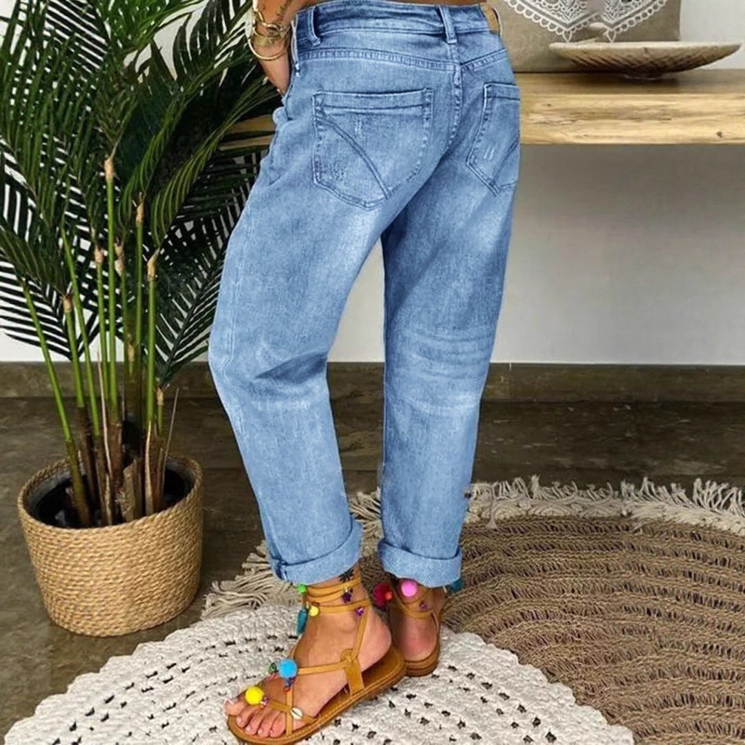 Damen Denim-Bundfaltenhose mit Knopfleiste und modischem Destroyed-Effekt R&B