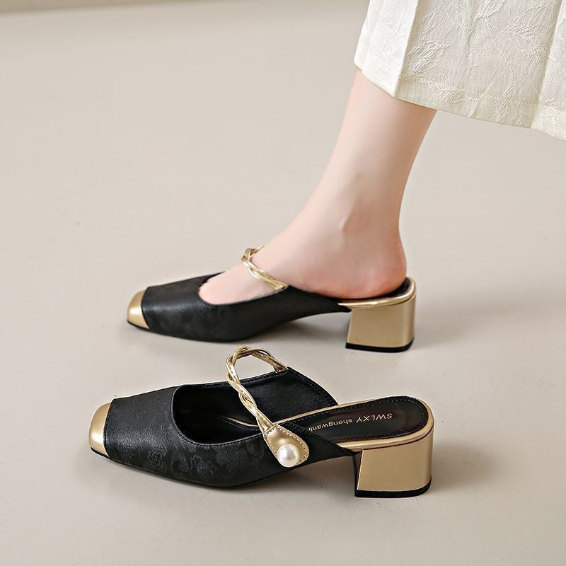 Damen Elegante Absatzmules mit perlverziertem Riemen und changierender Oberfläche R&B