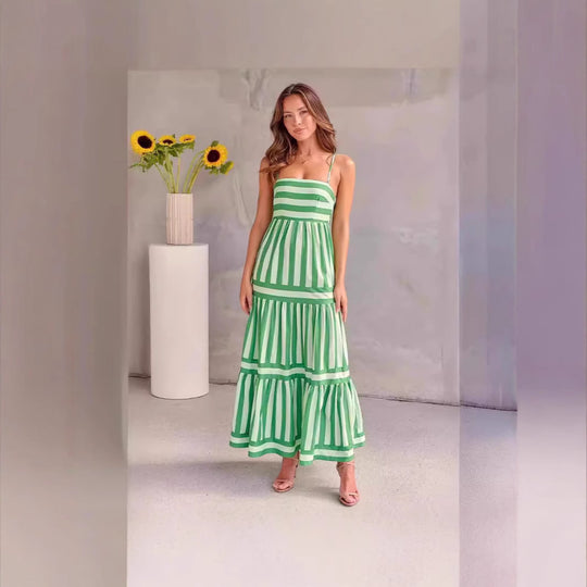 Damen Maxi-Kleid mit Streifenmuster und tiefem Ausschnitt R&B