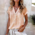 Damen Kurzarm Leinenbluse mit Knopfdetails R&B