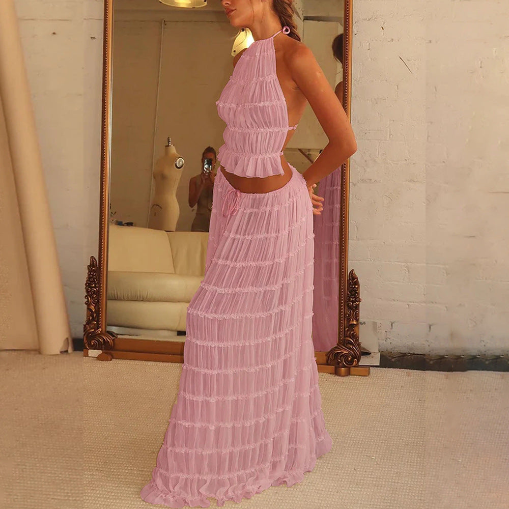 Damen luftiges Maxi-Kleid mit zarten Rüschendetails und verstellbarem Oberteil R&B