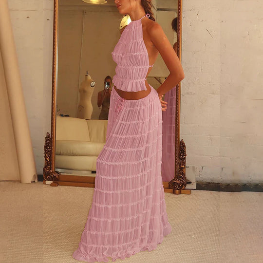 Damen luftiges Maxi-Kleid mit zarten Rüschendetails und verstellbarem Oberteil R&B