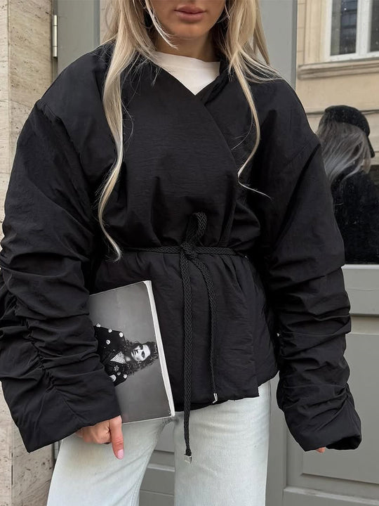 Damen lässige kurz geschnittene Jacke mit Taillengürtel und voluminösen Ärmeln R&B