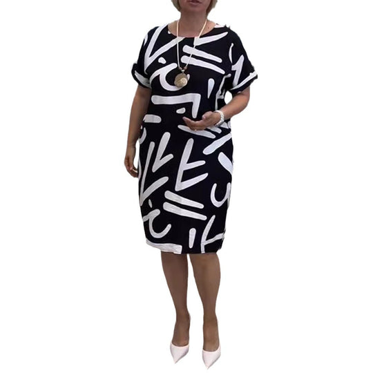 Damen nan knielanges Komfort-Shiftkleid mit großflächigem Pinselstrich-Print und umgeschlagenen Kurzärmeln R&B
