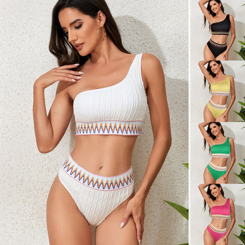 Damen Einseitiger Crop-Bikini mit buntem Jacquardband R&B