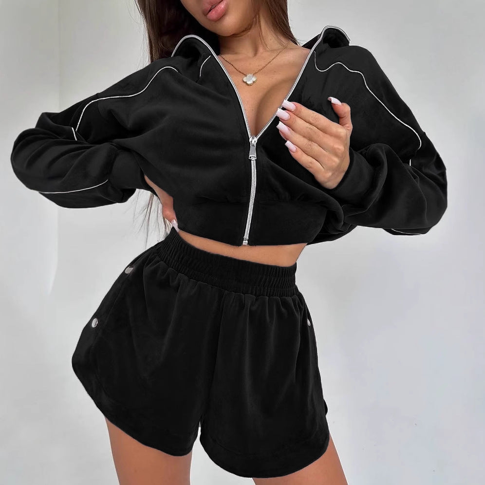 Damen sportliches Fleece-Crop-Set mit Reißverschluss und Druckknöpfen R&B