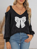 Damen modischer Pullover mit verspielt eingestricktem Schleifenmotiv R&B