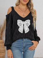 Damen modischer Pullover mit verspielt eingestricktem Schleifenmotiv R&B
