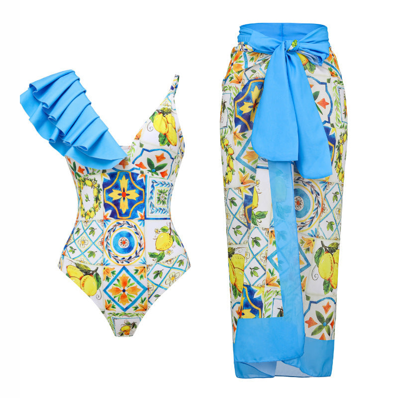 Damen Einseitiger Rüschenschwimmanzug mit floralem Muster R&B