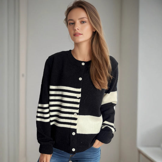 Damen Strickjacke mit modernen Streifenmustern und Knopfverschluss R&B