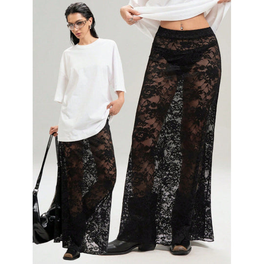 Damen Elegante Spitzenmaxi-Rock mit durchscheinendem Design und seitlichem Schlitz R&B