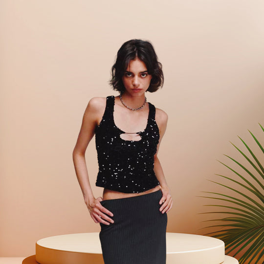 Damen Glitzerndes Crop-Top mit schimmerndem Effekt und scoop-cut Ausschnitt R&B