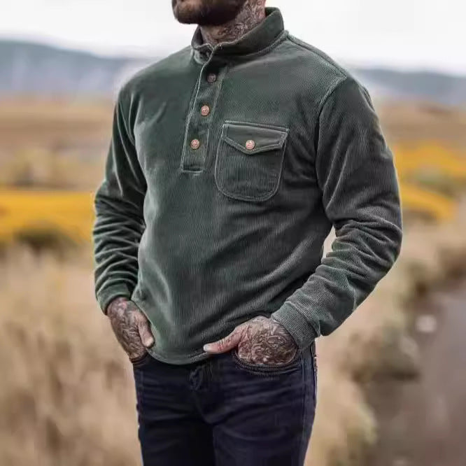 Herren Warmhaltendes Kord-Pullover mit Knopfleiste und Brusttasche R&B