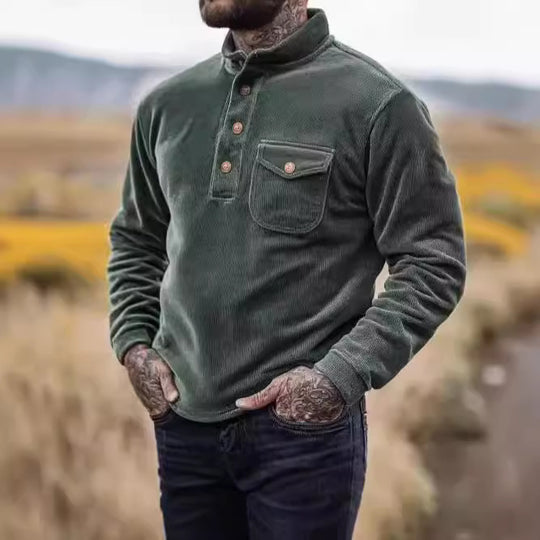 Herren Warmhaltendes Kord-Pullover mit Knopfleiste und Brusttasche R&B